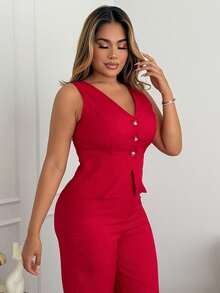 Maria Perezxox 女士优雅无袖背心和裤子套装，商务/通勤风格，夏季 - 酒紅色 - 查看 6