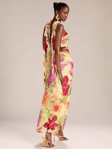 SHEIN BAE 两件套女士热带花卉印花抹胸上衣和长裙，度假套装 - 彩色 - 查看 2