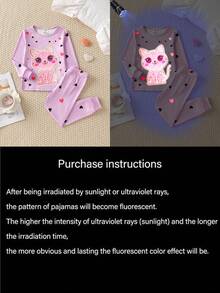 2pcs Girls Cute Cat & Heart Glow-In-The-Dark Print Snug Fit Pajama Set, Long Sleeve Top And Pants - Multicolor - View 5