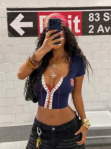 StreetHx Áo thun ngắn tay nữ thời trang, in họa tiết nhiều màu, có lỗ xỏ dây và thắt nơ. - Nhiều màu - Xem 5