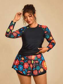 Travachic 大码女式黑色拼接热带植物印花泳装套装，圆领长袖大象印花泳衣上衣搭配泳裤，适合冲浪、春季、夏季度假、海滩度假等各种场合。 - 黑色 - 查看 4