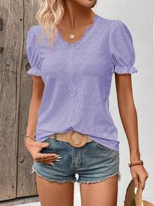 EMERY ROSE Summer Casual Solid Color Textured Lace Trim T-Shirt - Purple - View 5