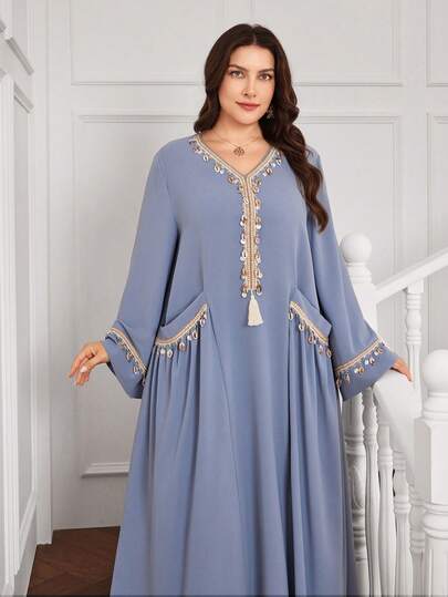 Al Najma Women's Elegant Loose V-Neck Patchwork Shell Ribbon Long Sleeve Plus Size Arabic Dress