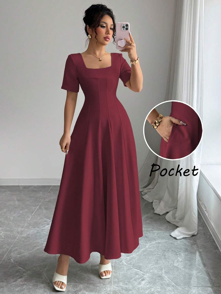 SHEIN Elenzya 女士优雅简约通勤办公商务休闲度假下午茶连衣裙，定制修身A字廓形，带口袋，短袖，春夏款 - 酒紅色 - 查看 1