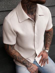 Manfinity CasualCool Áo sơ mi nam tay ngắn màu trơn, kiểu dáng thường ngày, thích hợp cho mùa hè. - Màu be - Xem 4