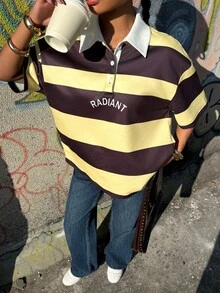 Muchica This Women's Casual Everyday Commuter Polo-Neck, Drop-Shoulder Loose-Fitting T-Shirt Features Embroidered Lettering And Contrasting Stripes, Perfect For Spring And Autumn.Going Out Outfits Graphic Tees Women - Multicolor - View 3