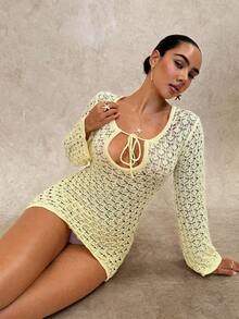 SHEIN Women's Summer Beach Hollow Out Long Sleeve Short Dress, Knitted Cover Up - Yellow - View 4