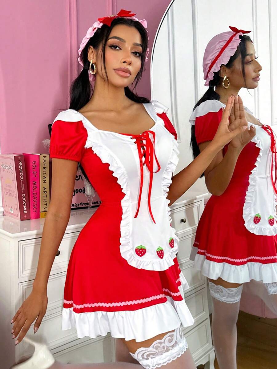 Valentine's Day Fantasy Costume/2pcs Set Red & Pink Bow Ribbon Dress With Strawberry Hat, Women's Lingerie Costume - Red and White - View 1