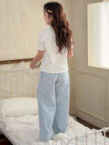 DAZY Tween Girl Letter Print Round Neck Short Sleeve Top And Plaid Print Pants Pajama Set - Blue - View 3