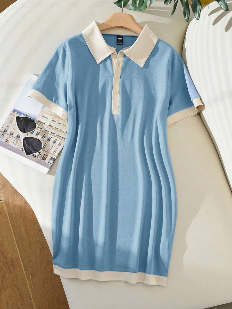 CosyJoli 大码休闲黑白撞色Polo领修身针织连衣裙 - 淺藍色 - 查看 1