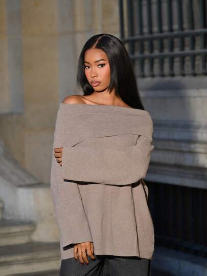 Mima John 1 件女士纯色宽松露肩长袖毛衣露肩毛衣，秋季女装