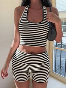Livesso Women's Summer Casual Striped Sleeveless Crop Top And Shorts 2 Pieces Set - Black and White - View 8