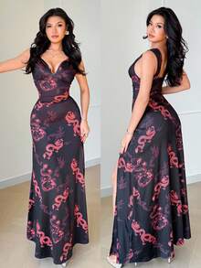 SHEIN Raffinéa Women's Black And Red Printed Deep V-Neck Slip Dress,Long Slit Fitted Summer Vacation Outfits,Elegant Party Night Wedding Guest Casual Dresses - Red and Black - View 2
