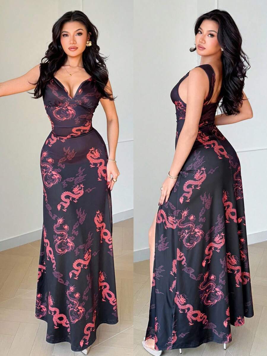 SHEIN Raffinéa Women's Black And Red Printed Deep V-Neck Slip Dress,Long Slit Fitted Summer Vacation Outfits,Elegant Party Night Wedding Guest Casual Dresses