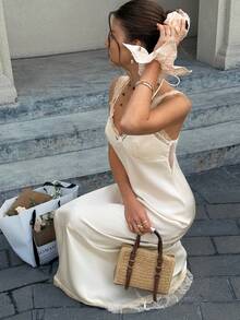 Cévolie Đầm slip nữ màu trắng phối ren, kiểu patchwork. - trắng - Xem 6