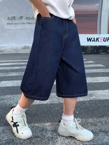 Little Byeori 青少年男孩時尚返校街頭風百搭Y2K復古酷感深藍色寬鬆寬腿牛仔短褲 日常穿搭兒童春夏季電音節慶街頭風 - 藍色 - 查看 3