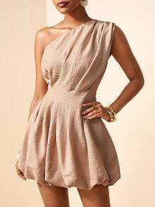 Zivah 2026 Spring/Summer New Arrival Wedding Season, Music Festival, Easter, Western, Nomadic, Bohemian, Nashville Inspired Party, Wedding, Evening, Date, Gathering, Birthday Dress - Asymmetric Shoulder, Ruched Waist, Tulip Hem, Bamboo Fiber Fabric, Fitted Mini Dress - Khaki - View 3