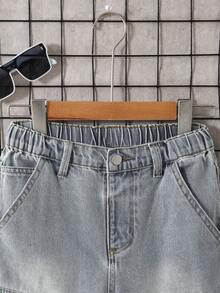 Tween Boy Pocket Button Distressed Frayed Design Casual Fashion Versatile Washed Denim Shorts - Light Wash - View 4