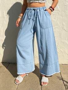 Sunnyshic Summer High Waist Drawstring Washed Loose Denim Jeans - Blue - View 6
