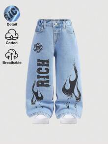 SHEIN 男童字母火焰印花宽松蓝色牛仔裤 - 淺色水洗藍 - 查看 2