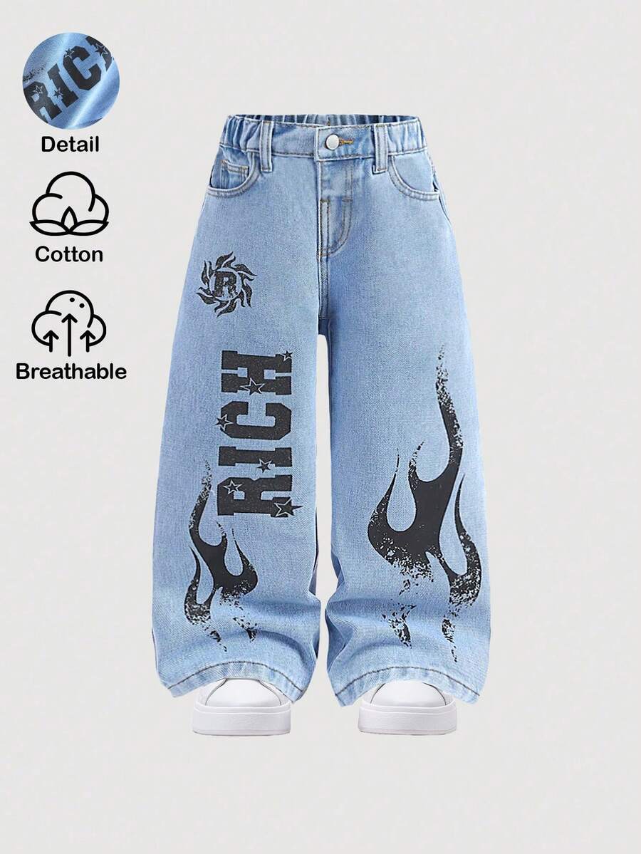 SHEIN 男童字母火焰印花宽松蓝色牛仔裤 - 淺色水洗藍 - 查看 1