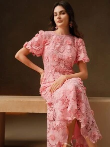 Anewsta Đầm dài thanh lịch dành cho nữ, màu hồng nhạt, chất liệu ren tan trong nước, cổ tròn, tay cánh hoa, viền bèo nhún, ôm sát cơ thể. - Hồng - Xem 7