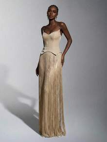 Elitara Elegant Apricot Strapless Sleeveless Maxi Formal Evening Dress With Fringe Accents For Women - Apricot - View 5