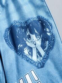 SHEIN Bộ 2 món cho bé gái, phong cách đường phố cá tính, năng động, họa tiết ngôi sao đính kèm, áo thun dệt kim ngắn ôm sát + quần cargo ống rộng in họa tiết giả denim. - Màu xanh lam - Xem 5