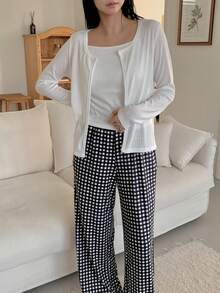 DAZY 3pcs Jacquard Knit Cardigan, Camisole & Plaid Pajama Pants Set For Women - White - View 5