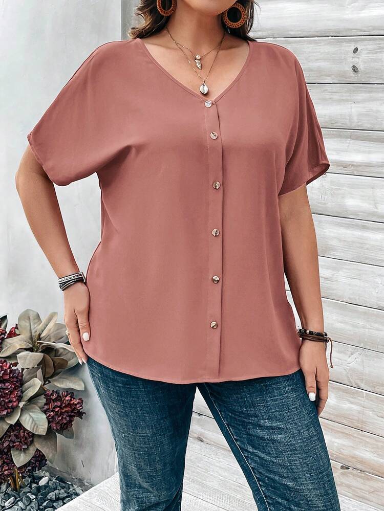 Plus Size Women's Orange Button Embellished Short Sleeve Shirt For Spring, Summer Tops