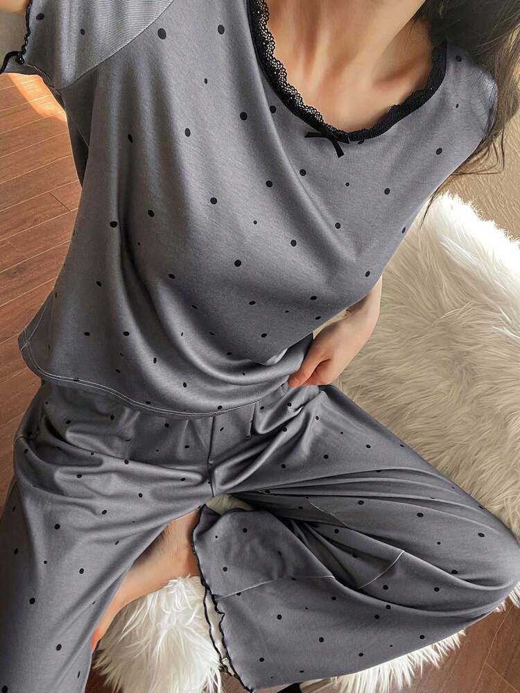 Women's Polka Dot Print Contrast Lace Lettuce Trim Short Sleeve Top And Long Pants Pajama Set, Spring/Summer/Autumn