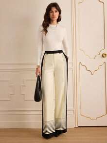 Lilora 女士优雅通勤条纹拼接裤，浪漫优雅，适合通勤，长款修身条纹阔腿裤 - 彩色 - 查看 9