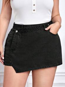 EMERY ROSE Plus Size Solid Color Slant Pocket Wrap Casual Denim Shorts - Dark Grey - View 1
