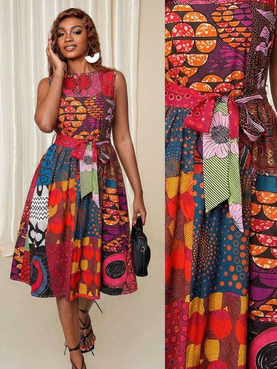 Eryvara Đầm nữ cổ tròn không tay in họa tiết hỗn hợp châu Phi, họa tiết ngẫu nhiên, thích hợp cho kỳ nghỉ. - Nhiều màu - Xem 1