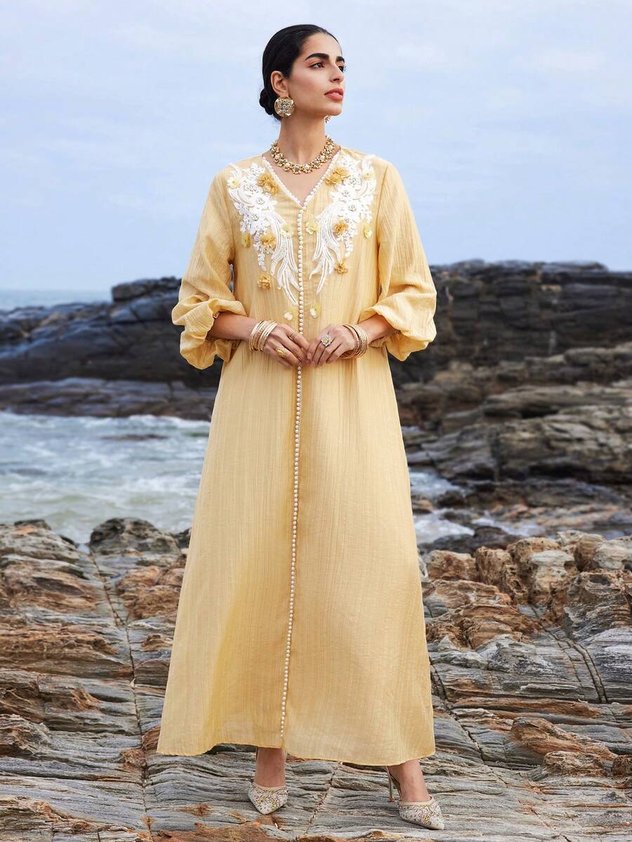 Al Najma 女士土耳其长款连衣裙和阿拉伯传统长袍 - 黃色 - 查看 1