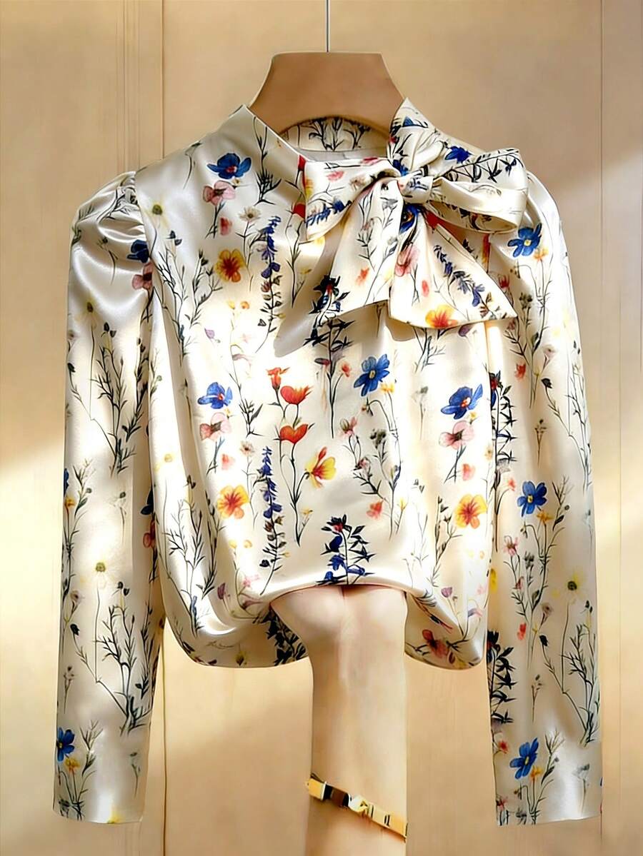 Franclia 复古优雅杏色不规则碎花女式上衣，春夏轻薄百搭衬衫，蝴蝶结领口和泡泡袖设计，时尚优雅，气质出众，适合日常休闲、通勤上班、节日聚会、空调房办公等各种场合。 - 彩色 - 查看 1