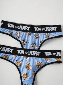 TOM & JERRY X SHEIN Women's Cartoon Pattern Contrast Letter Tape Thong - Blue - View 6