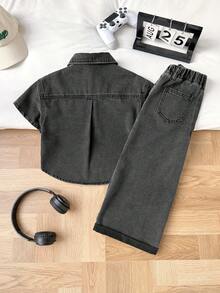 2pcs/Set Young BoyDark Gray Denim Loose Shirt And Wide Leg Pants - Dark Grey - View 9