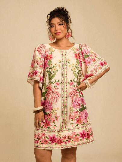 Travachic Plus Size Women Tropical Bohemian Print Loose Fit Round Neck Short Sleeve Casual Dress, Suitable For Autumn,Holiday Outfits For Women