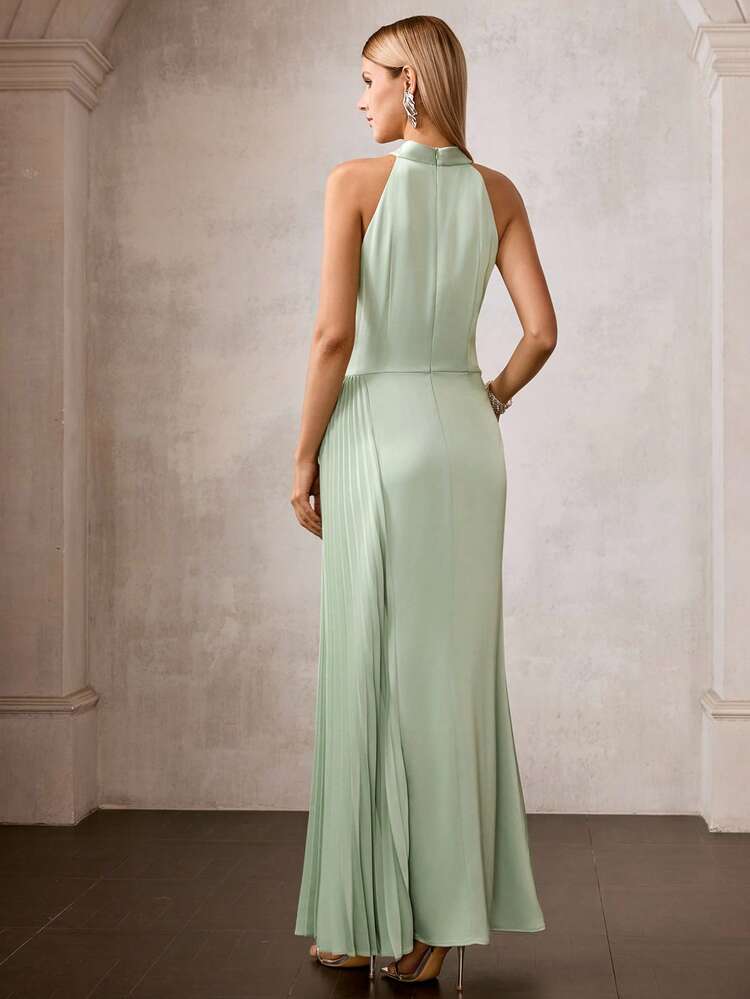 MOTF Soiréza WOMEN'S PLEATED HALTER NECK SATIN PARTY MERMAID DRESS, SPRING/SUMMER