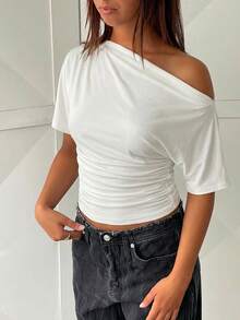 Aloruh Loose Shoulder, Tight Waist, Ruched Waist Basic T-Shirt - White - View 1