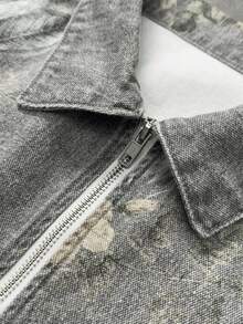 ROMWE MEN Street Life Áo khoác denim nam tay ngắn in hoa, khóa kéo phía trước, kiểu dáng thường ngày. - Màu xanh lam - Xem 5
