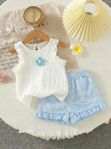 SHEIN Vintaside Kids Baby Girls' Cute Jacquard Vest And Jacquard Shorts Set, Spring/Summer - Blue - View 6