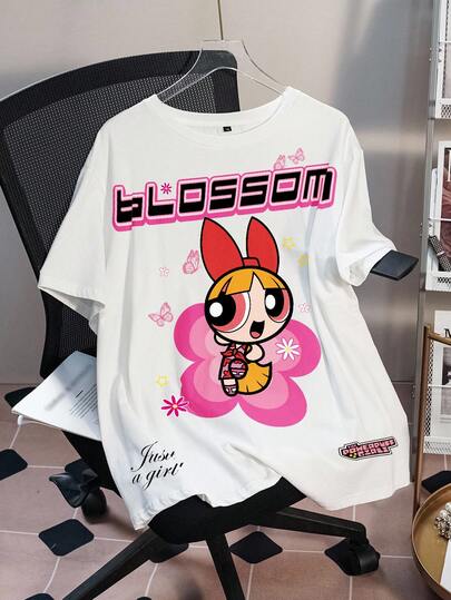 THE POWERPUFF GIRLS X SHEIN 플러스 사이즈 블라썸 패턴 라운드넥 반팔 티셔츠