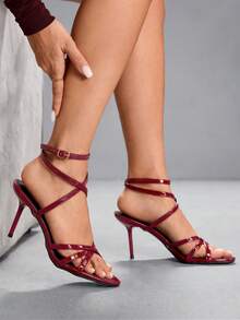 CUCCOO SZL Sandálias femininas de salto alto com múltiplas tiras cruzadas, bico redondo e salto fino. Fecho com cadarço e tiras para o dia a dia. Estilo casual e elegante. - Borgonha - Ver 6