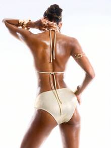 LYSMO 女士纯色纽扣挂脖系带性感比基尼泳衣套装，夏季沙滩 - 鵝黃色 - 查看 2