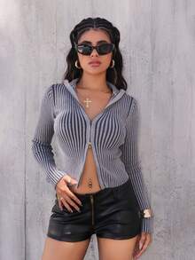 Rayane Ketlyn 罗纹高领拉链开衫 春季休闲 2000 年代 90 年代条纹 可爱 机场 假日 暑假 秋季 返校 秋季 冬季 日常 圣诞节 工作 办公室 - 深灰色 - 查看 1