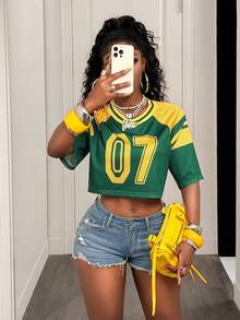 BamGleam V-Neck Colorblock Graphic Print Casual Short Sleeve T-Shirt - Green - View 3