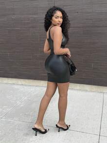 Alexandranx Scoop Neck PU Leather Bodycon Dress - Black - View 6