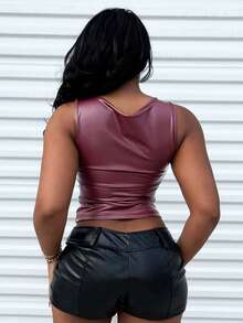 Alexandranx Women Solid Ruched Crew Neck Casual Camisole - Burgundy - View 2